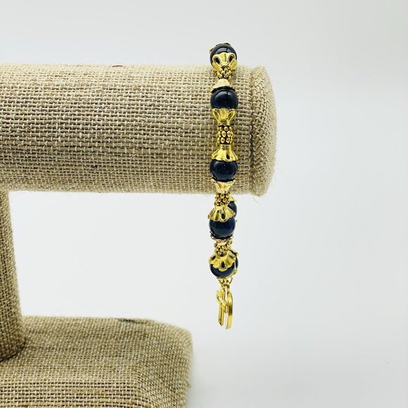 Rosary Decade Bracelet Gold Tone Navy Blue with Cross and Star Charms - Picture 5 of 6